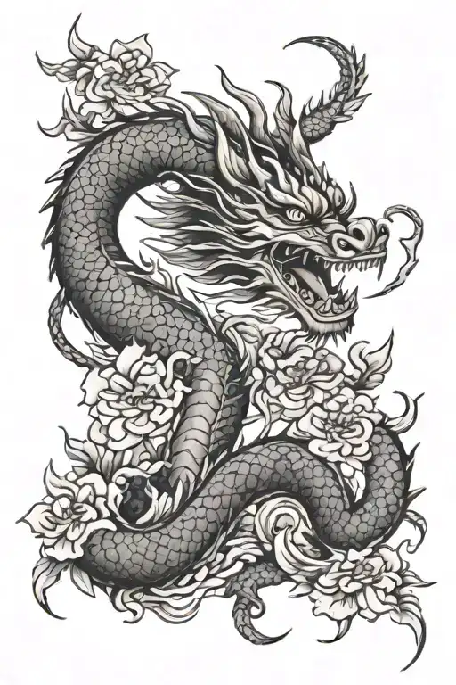 Japanese Dragon With Flowers