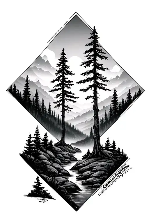 Forest Landscape Inside A Diamond Shaped Line Outlining