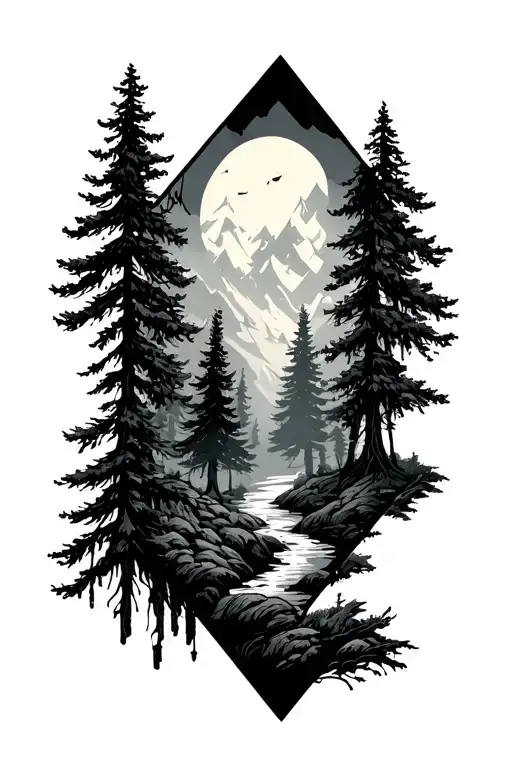 Forest Landscape Inside A Diamond Shaped Line Outlining