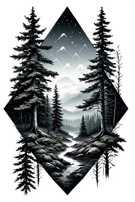 Tiny Forest Landscape Inside A Diamond Shaped Line Outlining