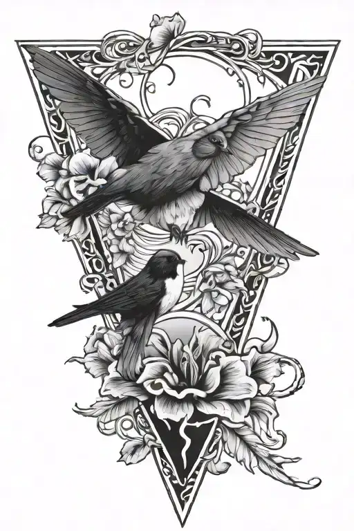 Triangle And Heart Intertwined With Music Notes And Iris Flower And Swallow Bird