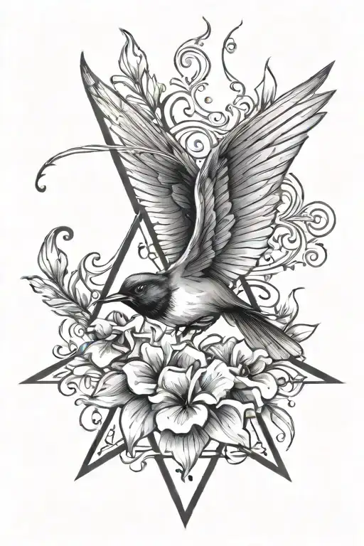 Simple Triangle And Heart With Music Notes And Iris Flower And Swallow Bird