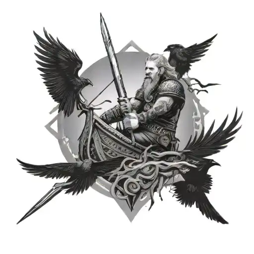 Sword Ragnar Lothbrok With Crows And A Viking Boat On The Sea