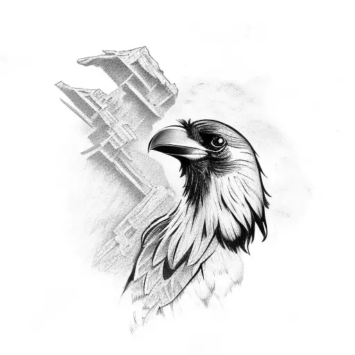 Medieval Black Raven Of Prey Engraving Style