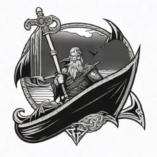 Sword Ragnar Lothbrok With Runes With Crows And A Viking Boat On The Sea