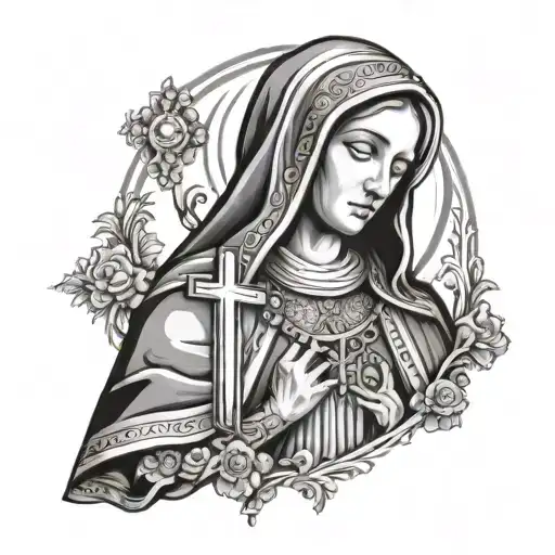 Virgin Mary Full Face Dressed In A Cassock And With A Rosary With A Cross