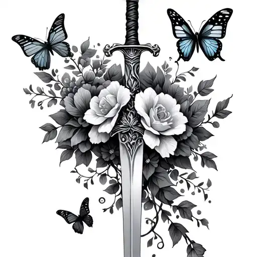 Sword Wrapped In Vine With Flowers And Butterflys