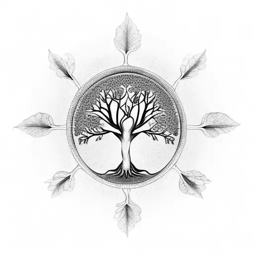 Tree Of Life With 6 Leaves On Ground And 6 Birds Flying Away