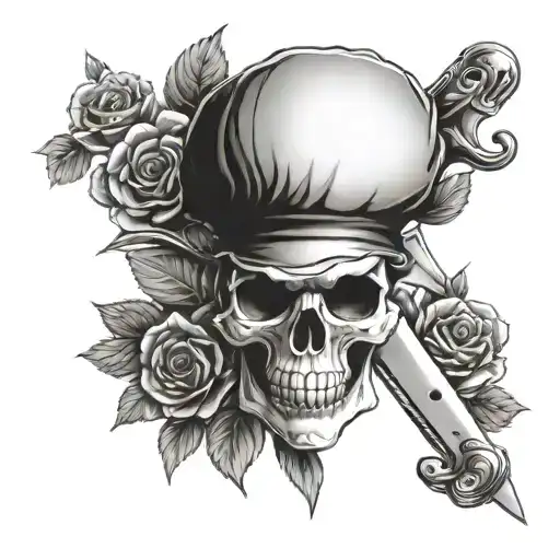 Skull And Roses Knife And Chefcook Hat