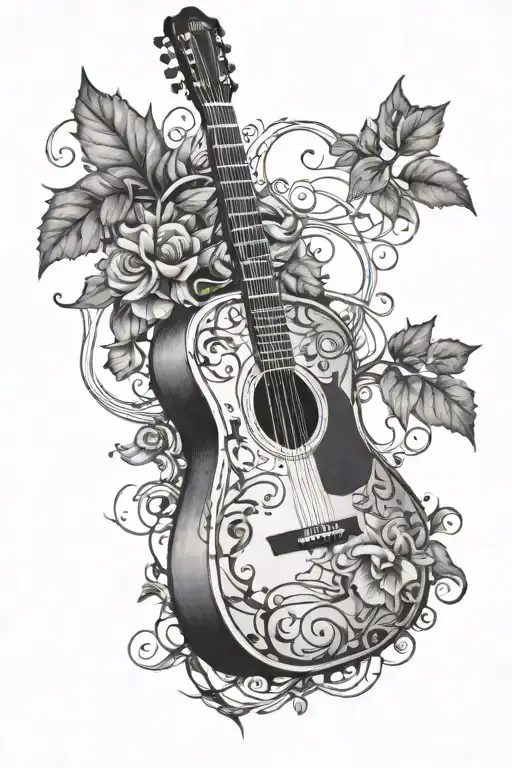 Acoustic Guitar With Vines And Notes