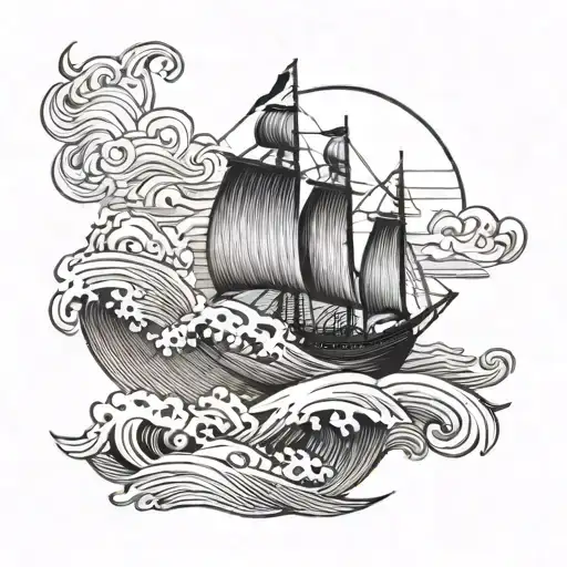 A Boat Sailing At Sunset With A Bible Verse Incorporated Into The Waves