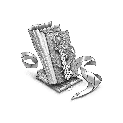Key With Ribbon And Book Below