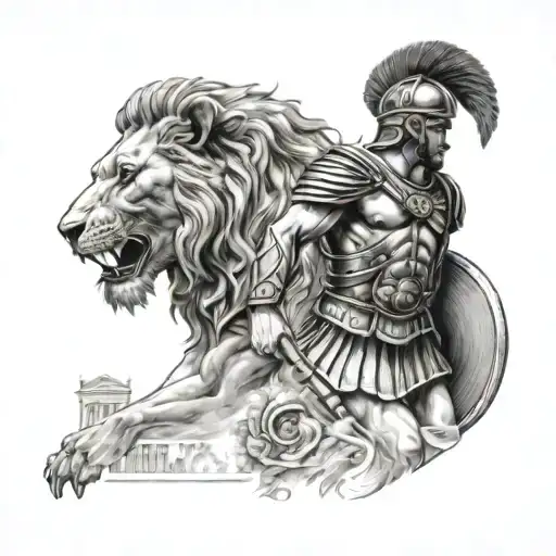 Roman Soldier With Roman Buildings In The Background With Lion