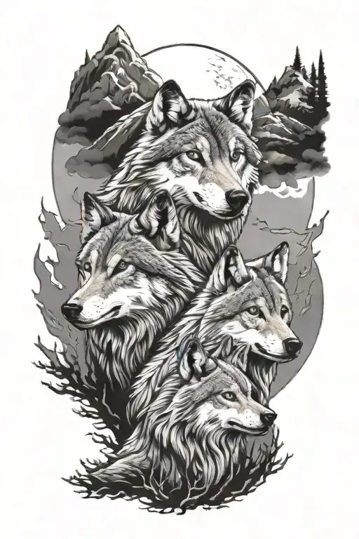 Wolf Family In Moon Light