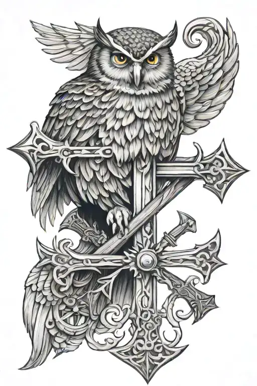 Tattoo Combining The Cross With Athena's Owl And Poseidon's Trident
