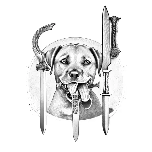 Labrador Dog Holding Sword In Its Mouth