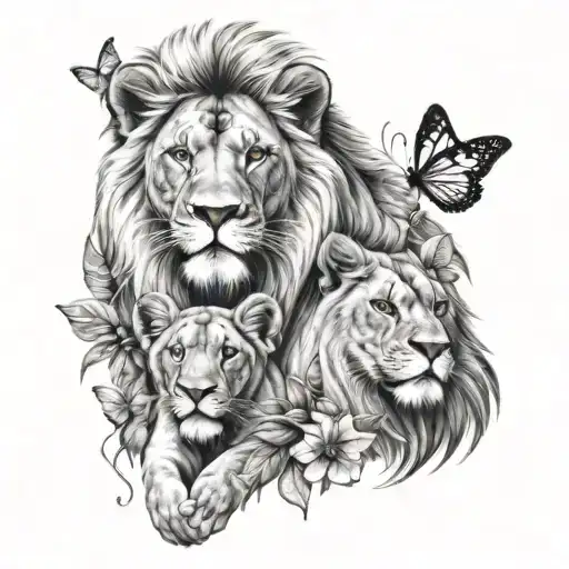 Male Lion And Female Lion And A Cub Surrounded By Butterflies