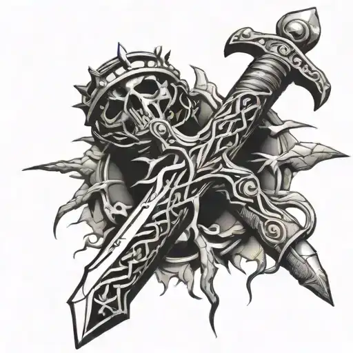 Sword With Nails As The Handle And A Crown Of Thorns On Top