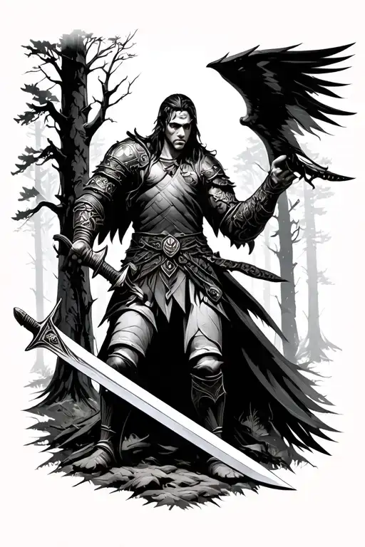 Angle Warrior Wielding A Sword In The Woods