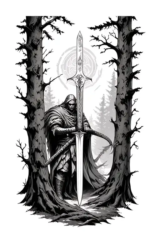 Angle Warrior With A Sword In The Woods