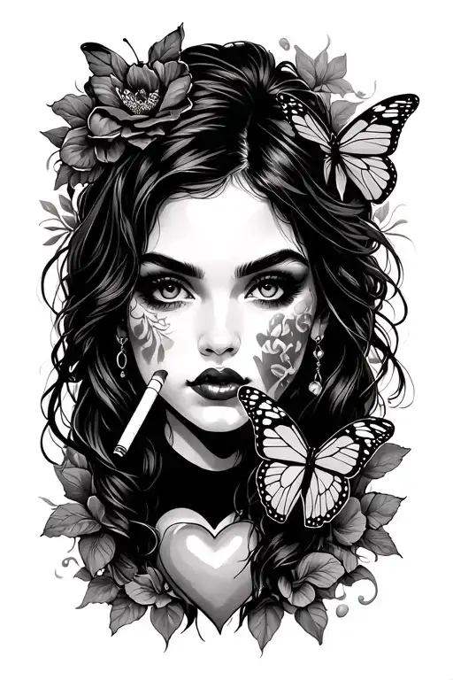 Girl With Banks And Butterfly And Heart And Cigarette