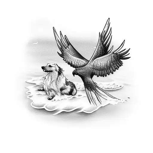 Beach Scene Tattoo With A Dog And A Hawk Sitting Next To Each Other On The Beach