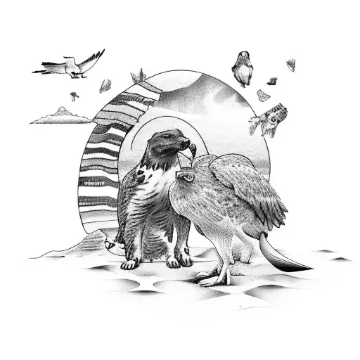 Beach Scene Tattoo With A Dog And A Hawk Sitting Next To Each Other On The Beach