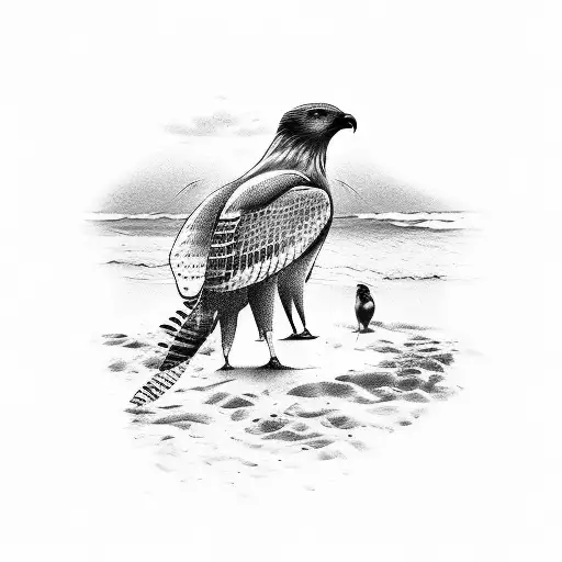 Beach Scene Tattoo With A Dog And A Hawk Sitting Next To Each Other On The Beach