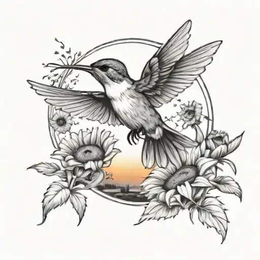 A Serene Landscape With A Hummingbird Flying Over A Field Of Sunflowers At Sunset