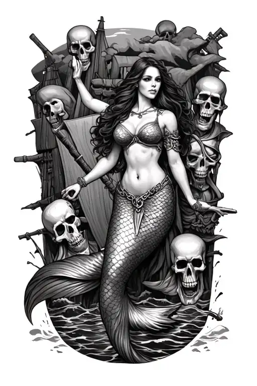A Mermaid Warrior Guarding A Shipwreck Surrounded By Pirate Skeletons