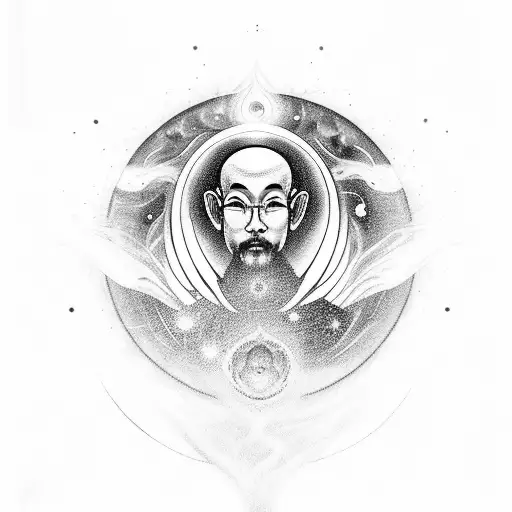 Budist Monk In Lotus Position Levitating With Universe In Background