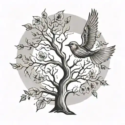 Tree And Bird Flying