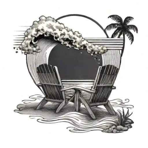 Beach Scene With 2 Chairs Waves Sunset