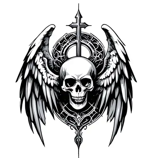Cross Angel Wings Skull Surrounded Cyber Sigilism