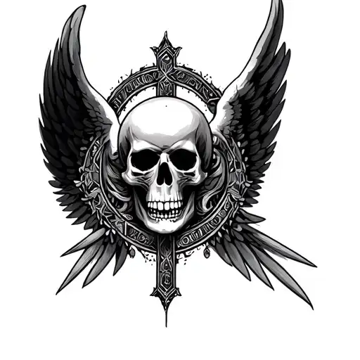 Cross Angel Wings Skull Surrounded Cyber Sigilism