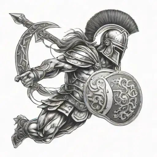 Realistic Spartan Warrior At War With Battlefield Background And Shield And Sword Forearm Design