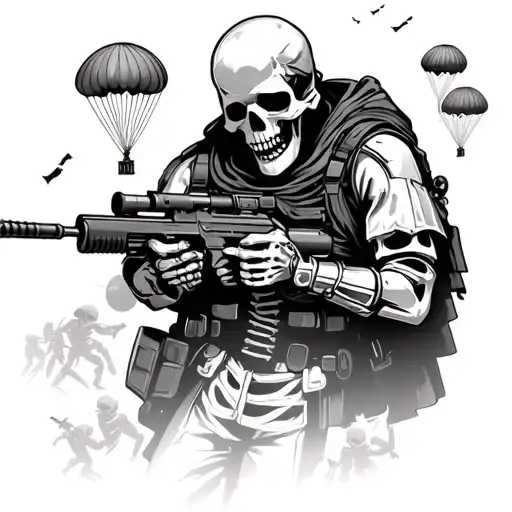 Skeleton Soldier Holding A Machinegun With Skeleton Paratroopers Falling In The Background