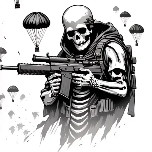 Skeleton Soldier Holding A Machinegun With Skeleton Paratroopers Falling In The Background