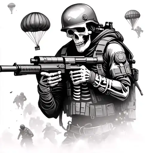 Skeleton Soldier Wearing Helmet With A Machinegun With Paratroopers Falling In The Background