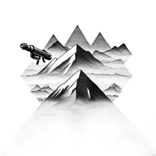A Black-grey Tattoo Of A Majestic Mountain Range With A Hidden Firearm Silhouette