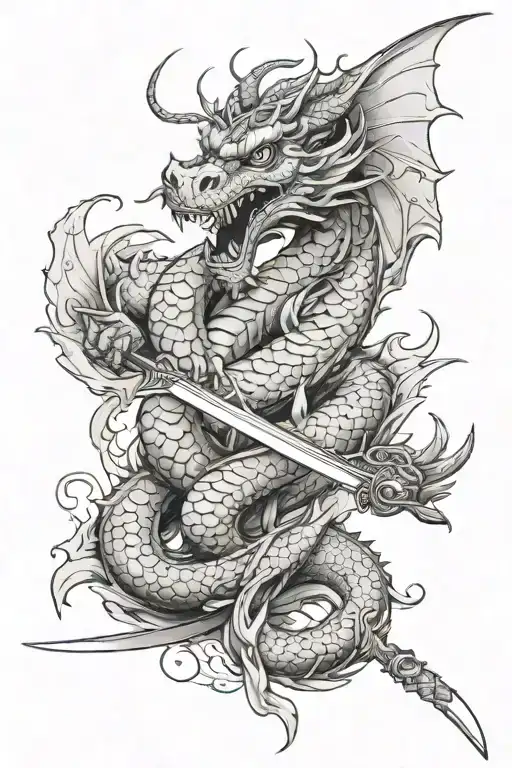 Eastern Dragon With Wings Circling A Sword