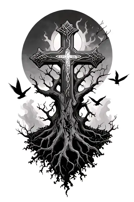 Poison Tree With Cross In The Middle And Birds Flying