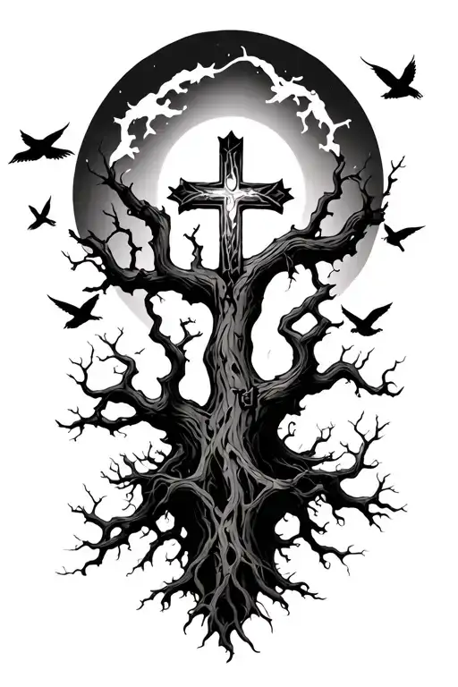 Poison Tree With Cross In The Middle And Birds Flying