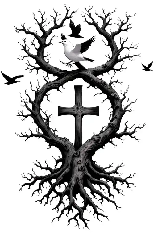 Poison Tree Intertwining With A Cross In The Middle And One White Bird And Black Bird Flying