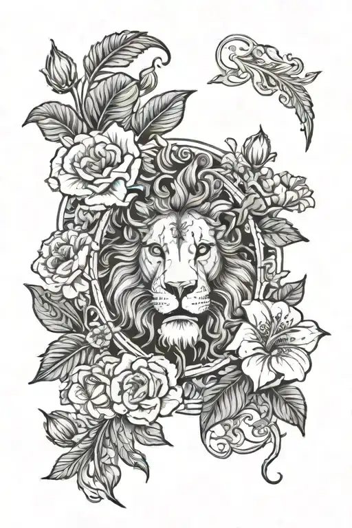 Peaches Lettering To Be Surrounded By Carnations And Hibiscus Flowers With A Lion Intertwined