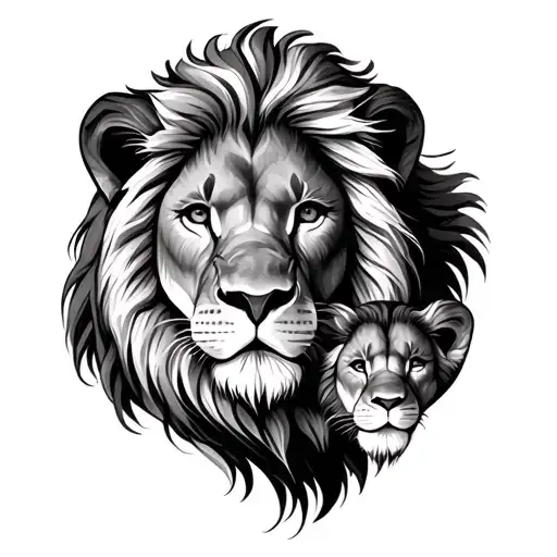 Male Lion Head With 2 Cubs Faces