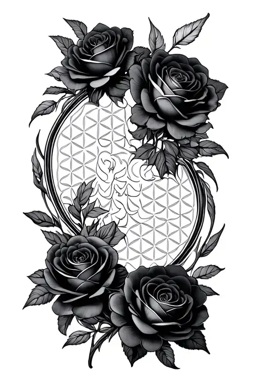 Flower Of Life Surrounded By Black Roses Blooming