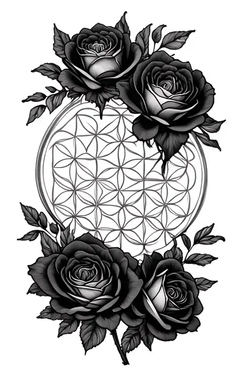 Flower Of Life Surrounded By Black Roses Blooming