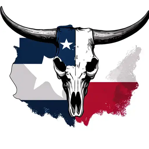Texas Long Horn Bull Skull With Flag Morphing Half Skeleton