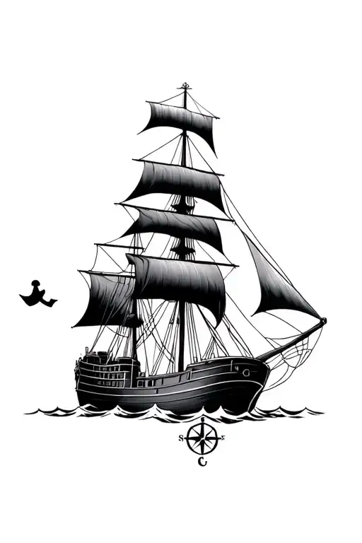 Ship With Anchor And Compass